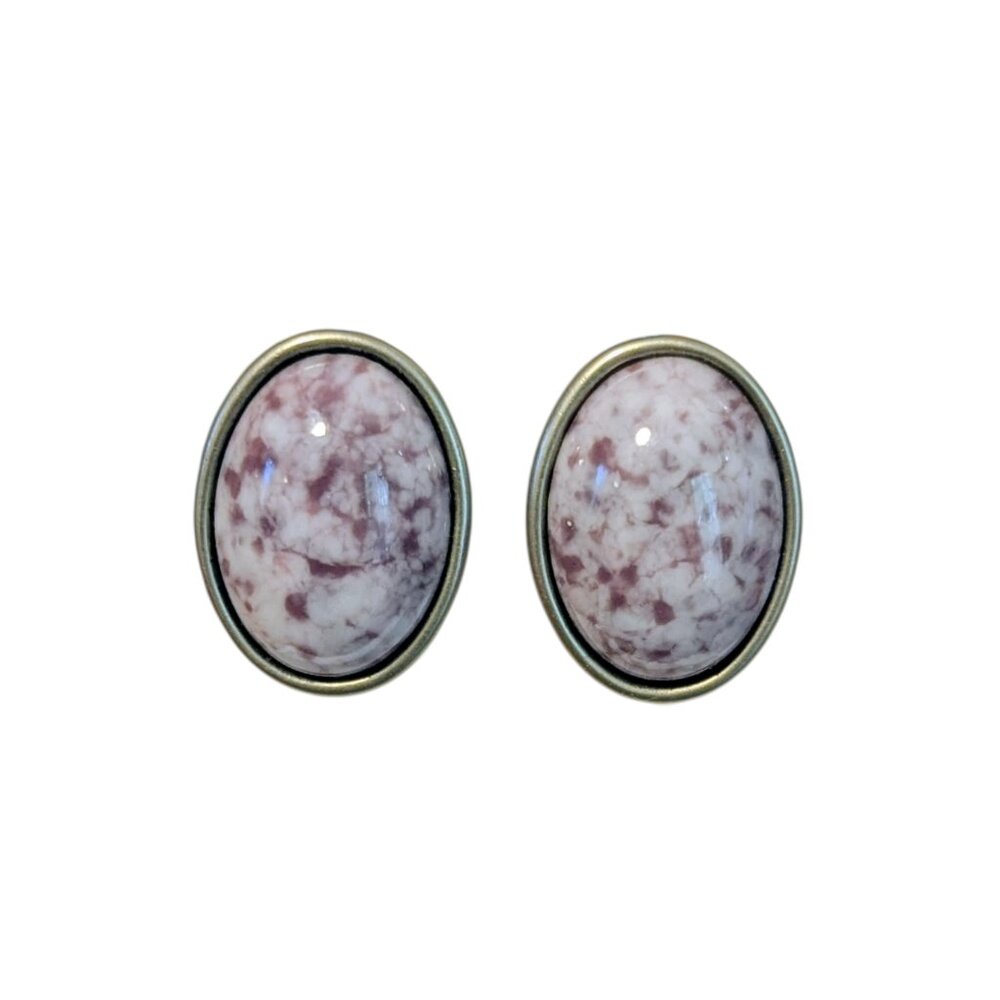 Vintage Sterling Silver Lepidolite Earrings Stud‎ Chunky Polished Gemstone Boho